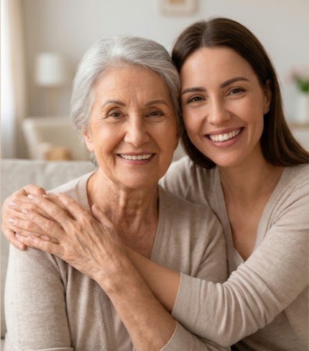 Adulta mayor y su hija sonriendo juntas en un momento de contención familiar